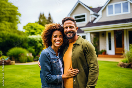 A cheerful, diverse couple hugs while standing in front of a beautiful home, showcasing happiness and homeownership