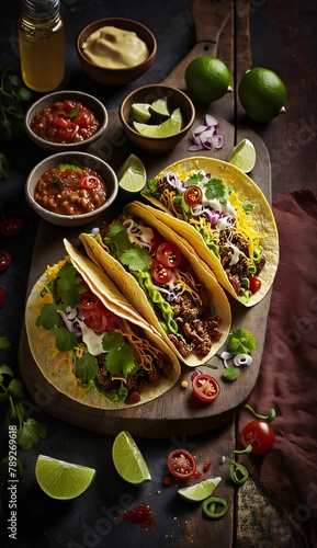 Traditional mexican tacos with beef and vegetables on dark rustic background