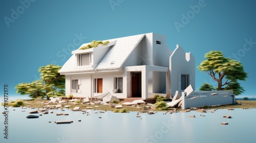 Realistic 3D foreclosed home in a minimalist style, highlighting debt issues,