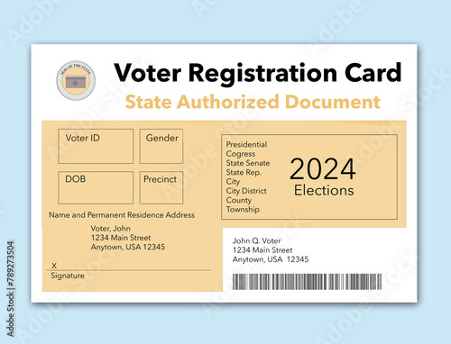 Here is a mock, generic state issued voter registration card..This is about voters and elections and is a 3-d illustration.