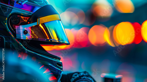 Racing helmet with colorful reflective visor with vivid bokeh backdrop