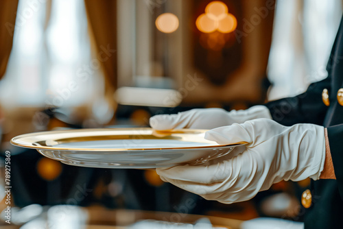 Waiter tray butler hand serve hold plate isolated white man silver empty glove servant. Butler waiter service tray dinner restaurant concept luxury hotel food platter elegant person background job