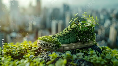 Shoe Wrapped in Greenery Amid City Skyline - Conceptual Image Depicting Sustainable Living and Reduced Carbon Footprint