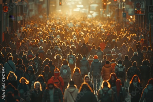Illuminated sea of people moving through city streets in sunset's orange hues, reflecting the buzz of urban life