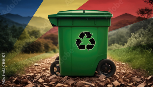 A garbage bin stands amidst the forest backdrop, with the Seychelles flag waving above. Embracing eco-friendly practices, promoting waste recycling, and preserving nature's sanctity.