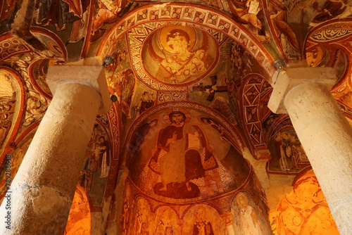Christian ceiling fresco, painting inside of the Sandal Church, Carikli Kilise at the Göreme Open Air Museum, Göreme, Cappadocia, Turkey