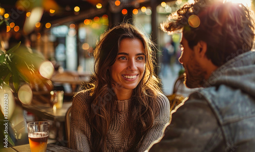 Romantic Alfresco Date Night: Charismatic Man Entertaining Charming Woman with Captivating Stories on Cozy Terrace