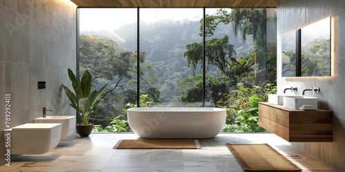 Modern bathroom with double sink, bathtub and large window with a nature view. minimalist interior design 