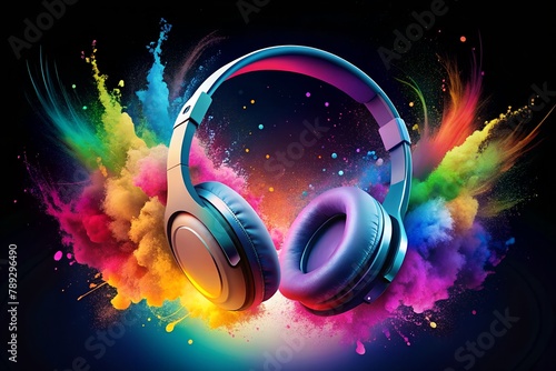 Headphone Entwined with Vibrant Powder, Symbolizing Musical Festival Fusion.