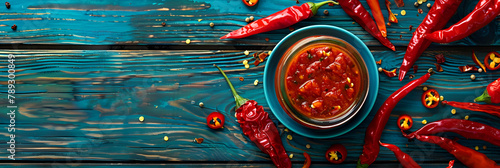 Hot spicy chili sauce in small bowl with chili red pepper and seasonings
