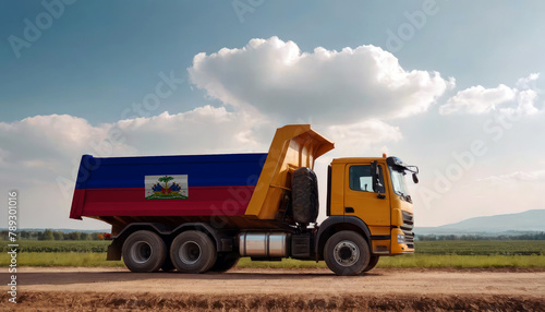 A truck adorned with the Haiti flag parked at a quarry, symbolizing American construction. Capturing the essence of building and development in the Haiti
