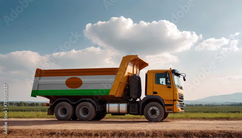 A truck adorned with the Niger flag parked at a quarry, symbolizing American construction. Capturing the essence of building and development in the Niger