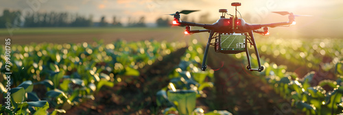 An unmanned drone flies over a field with a crop Smart innovation technologies
