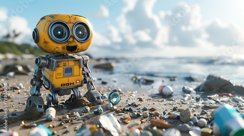 A cute smiling little robot collecting garbage on a beach on a sunny day