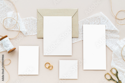 Blank card mockup set on a white lace fabric