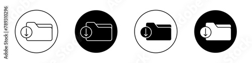 Folder download icon set. file download button vector symbol. save folder sign in black filled and outlined style.