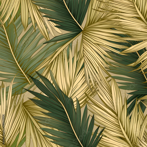 Seamless pattern with tropical palm leaves on beige background.