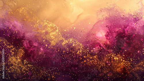 A fluid dance of goldenrod and cerise, with a sprinkle of gold dust creating a celestial landscape. 