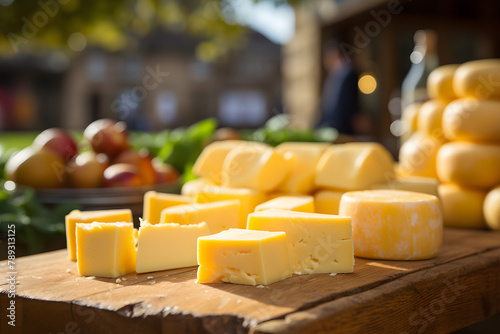 Double Gloucester Cheese on a farmers market stand