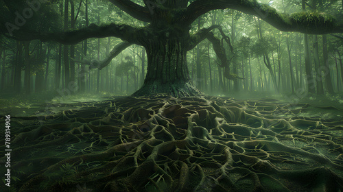 A giant tree standing in a forest. with most of its roots buried under the ground and only the trunk and branches visible. The buried part is depicted as tangled roots