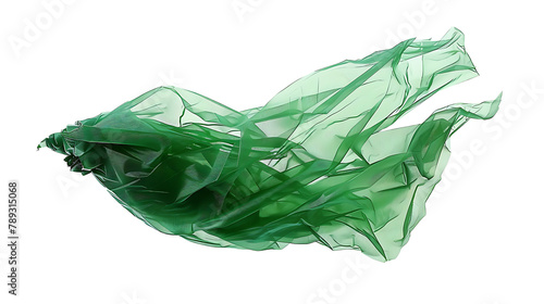 Green crumpled nylon bag flying isolated on white, clipping path
