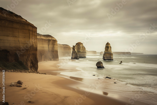 majestic eroded cliffs and rock formations amidst misty waves, a testament to nature’s artistry over time