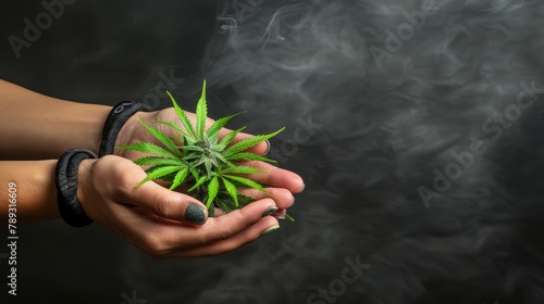 Hands holding young organic marijuana leaf in palms, dark smoky background, banner, copy space