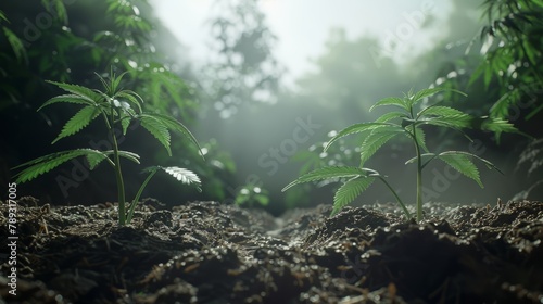 Young organic marijuana sprouts growing at sunlit plantation with bokeh and rustic charm, banner, copy space