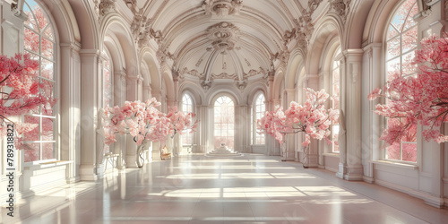 empty room large hall of palace, with white walls and arched windows adorned with pink flowers.empty Luxury Palace Interior, 