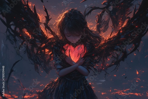 Beautiful woman hugging her heart, red and blue firey aura around the girl