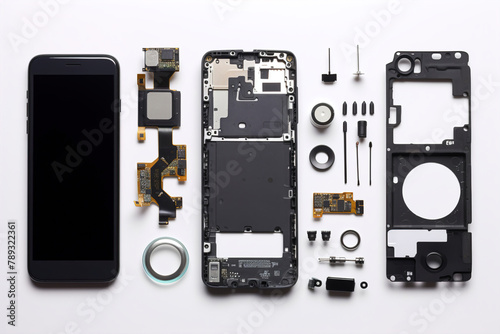 A smartphone disassembled into parts and the parts arranged on a white background.