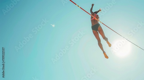 Action-packed shot of female high jumper against clear sky, honoring women on Olympic Day. International Olympic Day