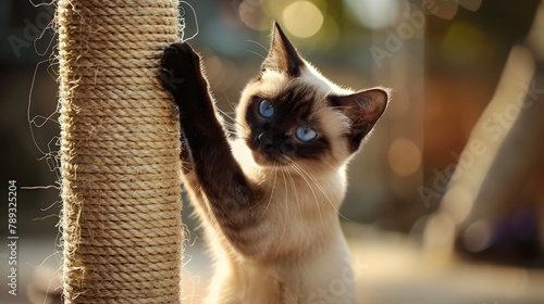 Playful Siamese Cat Scratching at Sisal Scratching Post in Cozy Home Environment