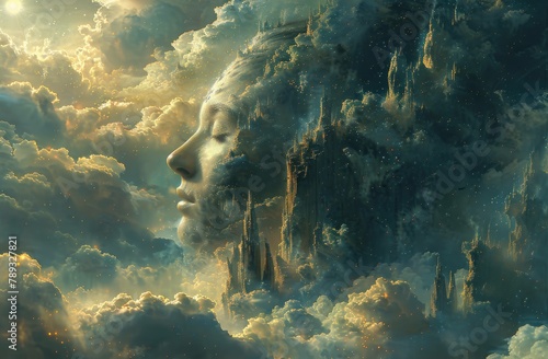 Serenity in the Stars: Woman's Face Amidst Celestial Spires and Cosmic Clouds