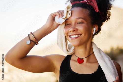 Smile, sweat and black woman on street after workout, training and exercise for wellness, peace or health outdoor. Music, radio and gen z girl walking by nature, environment and park with happiness