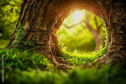 Hollow tree trunk with hole to enter inside. Large opening at the base of a trunk. Darkness inside a tree and mysteries of the forest. Old tree with large hollow cavern inside, potential animal den