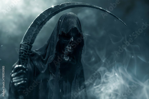 Grim reaper with scythe in the dark