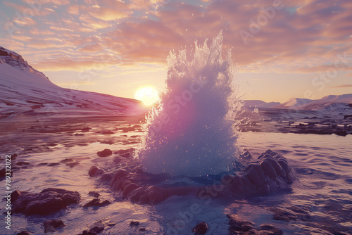 Geyser eruption in a national park, pink clouds in the background at sunset