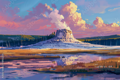 Geyser eruption in a national park, pink clouds in the background at sunset