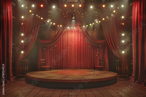 circus stage with red curtain and spotlights vintage carnival podium background 3d rendering