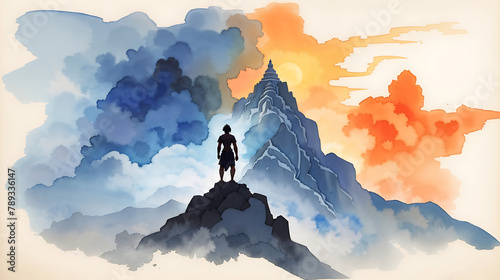 A Watercolor illustration of lord rama , hindu god silhouette with a bow and arrow, Abstract Divine style, mountain