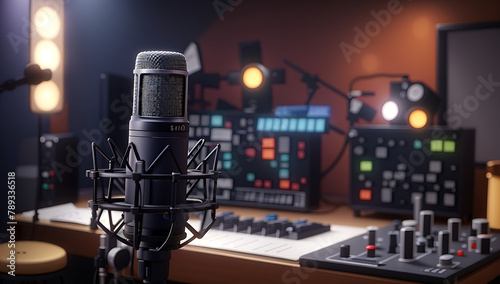 Cute Professional condenser studio microphone in a blurred background with audio mixer, Musical instrument, drum set, guitar, Concept, hype realistic, studio microphone, MIC