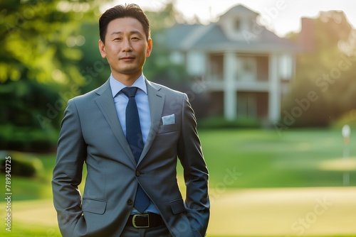 a sharp-dressed asian business leader on country club background. generative AI