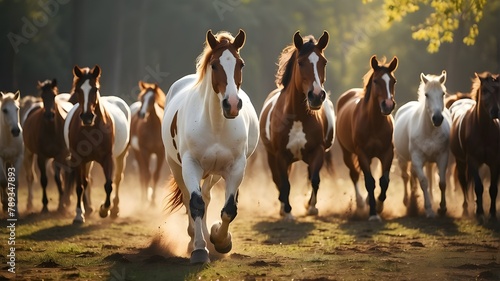  American Paint Horse in the Herd and Running, Realistic Photography, Naturalism, No specific artist, Camera: Canon EOS 5D Mark IV, Lens: 70-200mm, Shot: Medium shot, Render: High resolution, Detailed