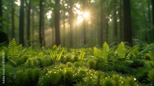 A tranquil forest scene at dawn, with fresh dew adorning the ferns and moss, highlights nature's serenity and is suitable for environmental advocacy or relaxation themes