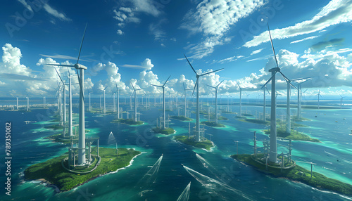A massive windmill park, in the middle of the ocean. Each windmill is situated on its own seperate small island