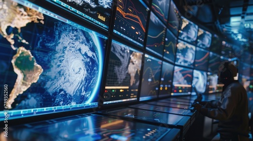 A sophisticated disaster response command center, utilizing AI algorithms and satellite imagery for real-time monitoring and coordination of emergency relief efforts during natural disasters and human