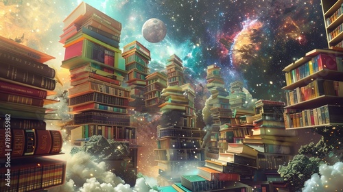 A surreal dreamscape featuring a celestial library, where colorful tomes and ancient scrolls float amidst the stars, containing the wisdom and knowledge of countless civilizations.