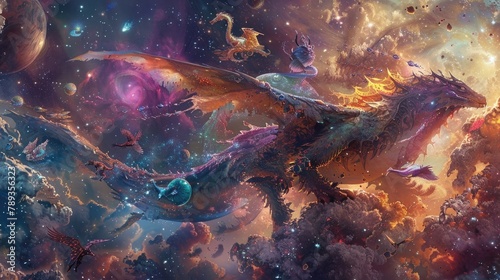 A surreal dreamscape featuring a celestial menagerie, where colorful creatures and fantastical beasts roam amidst the stars in a cosmic safari of wonder and delight.