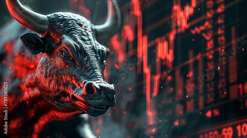 The powerful image of a bull in front of a glowing red stock chart represents the aggressive nature of a bullish market trend in finance.